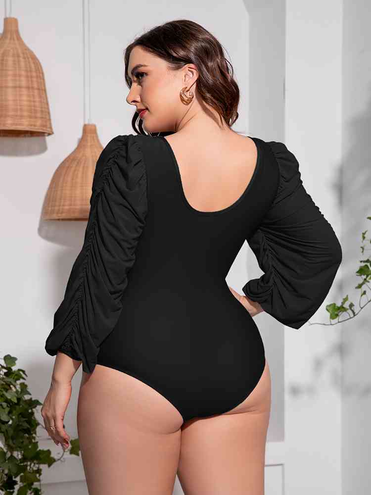 Plus Size Tied Deep V Balloon Sleeve One-Piece Swimsuit  Southern Soul Collectives