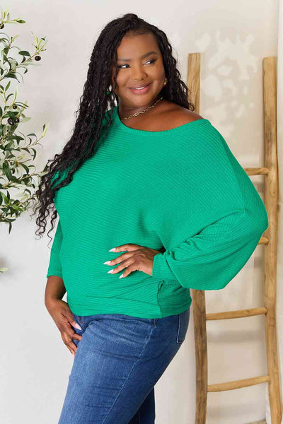 Round Neck Dolman Sleeve Ribbed Knit Blouse in Green - Southern Soul Collectives